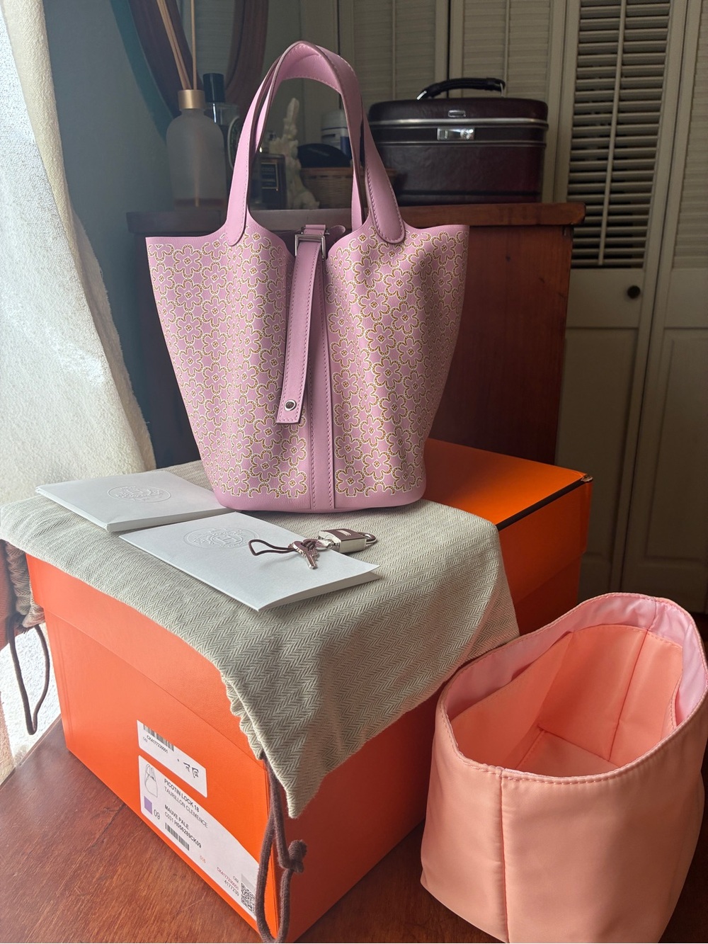 Hermes Pink Floral Cutout Picotin Tote